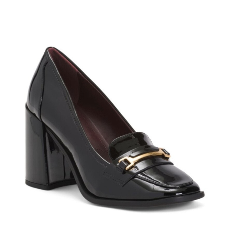 Franco Sarto Black Patent Leather Loafer Heels 7.5